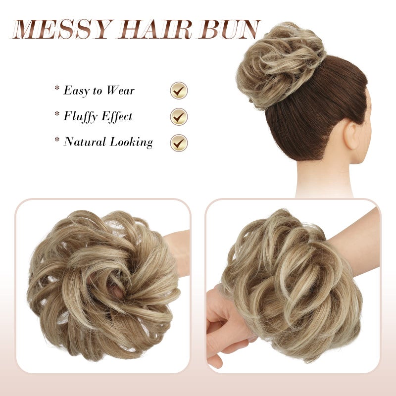 FESHFEN Large Messy Bun Hair Piece - Wavy Synthetic Chignon Scrunchies Elastic Ponytail Hair Extensions Thick Hairpieces for Women, Mixed Blonde and Ash Blonde Tips 1.94oz - Image 3