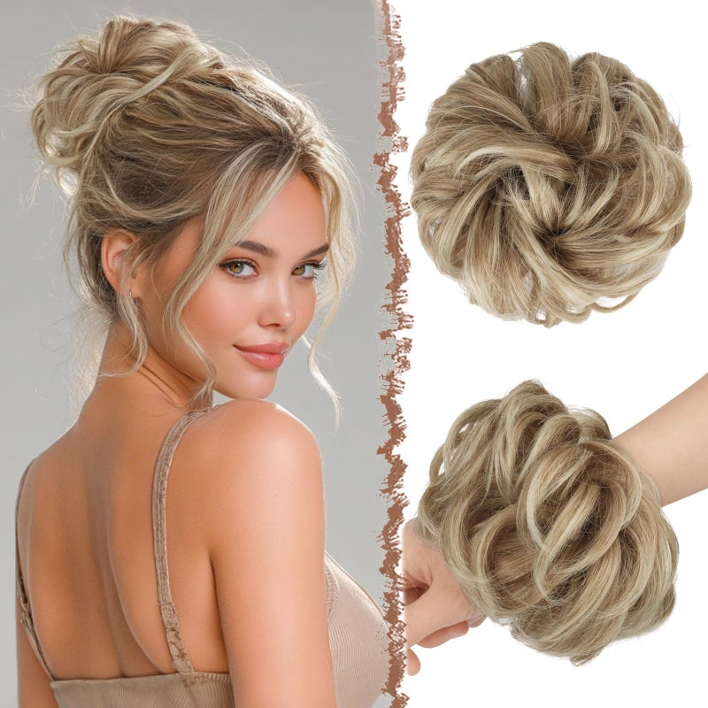 FESHFEN Large Messy Bun Hair Piece - Wavy Synthetic Chignon Scrunchies Elastic Ponytail Hair Extensions Thick Hairpieces for Women, Mixed Blonde and Ash Blonde Tips 1.94oz - Image 1