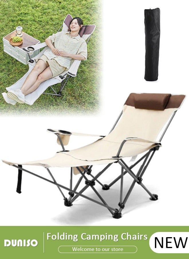DUNISO كرسي تخييم قابل للطي مع مسند قدم قابل للإزالة ومسند ظهر قابل للتعديل للبالغين، كراسي استرخاء محمولة وخفيفة الوزن مع وسادة، كرسي تخييم خارجي مع حامل أكواب وجيب جانبي للصيد، النزهات، الشواء، السفر، الشاطئ - Image 1