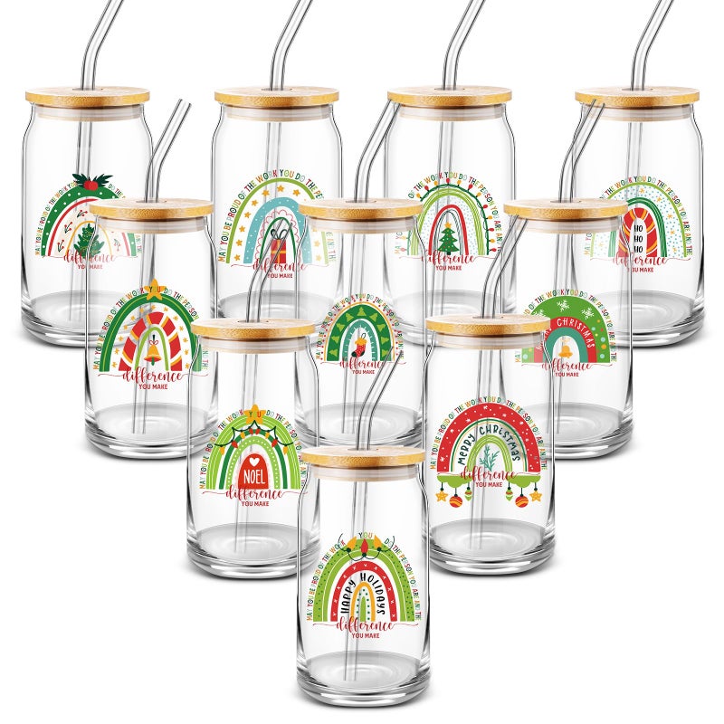 Uiifan 10 Pcs Christmas Appreciation Gifts Set Thank You Gifts for Employee Staff Coworker Teachers Nurse 16 oz Rainbow Sign Glass Cups Can with Bamboo Lid Glass Straw for team building gifts