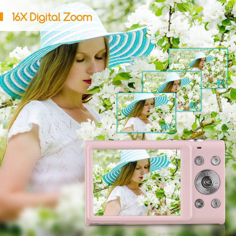 Kids Digital Camera: Pink 2.88 Inch IPS Screen - 2.7K Video 48MP Photo 16X Digital Zoom Compact Camera for Kids and Teens - Image 3