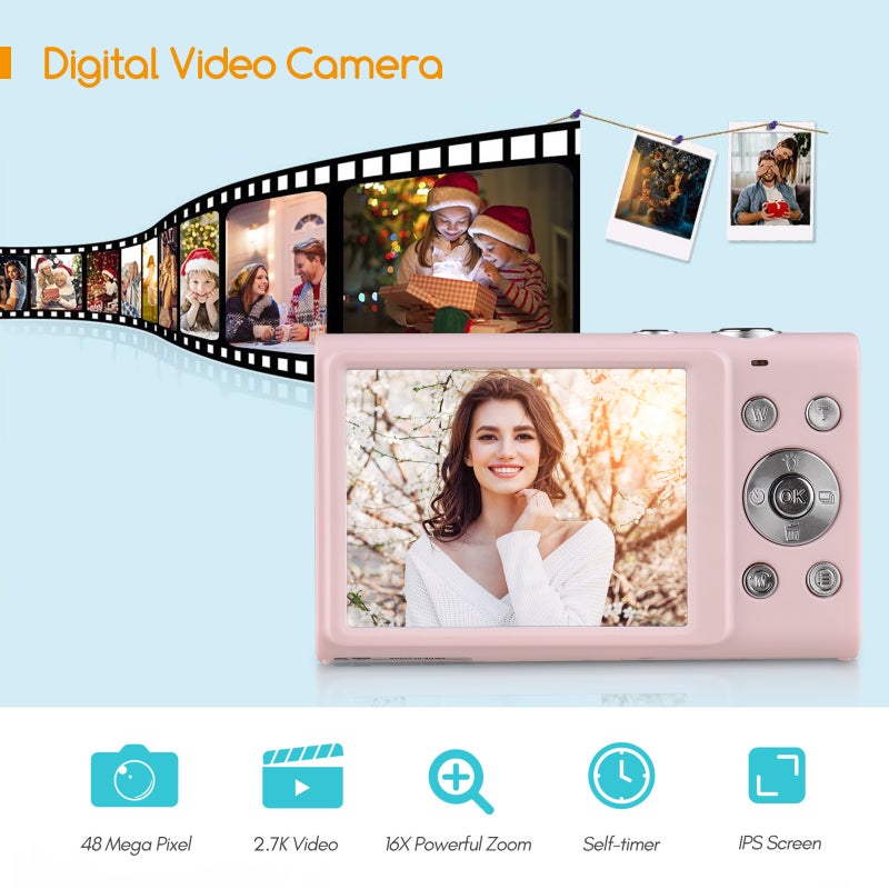 Kids Digital Camera: Pink 2.88 Inch IPS Screen - 2.7K Video 48MP Photo 16X Digital Zoom Compact Camera for Kids and Teens - Image 2