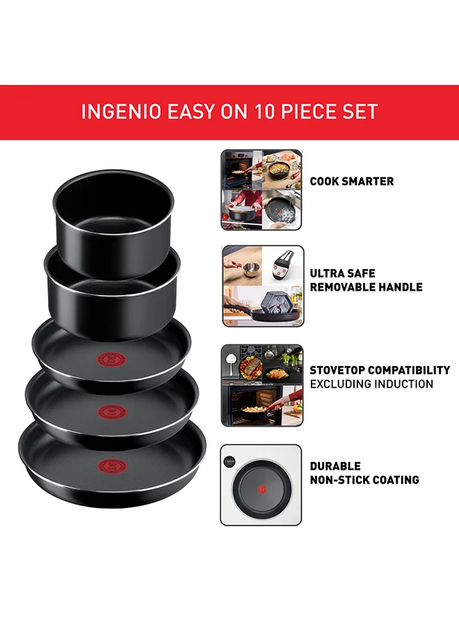 تيفال TEFAL Ingenio Unlimited On | 10-Piece Cookware Set | Stackable | Non-stick Coating | Removable Handle | Induction | Made in France | 2 Years Warranty | L1599902