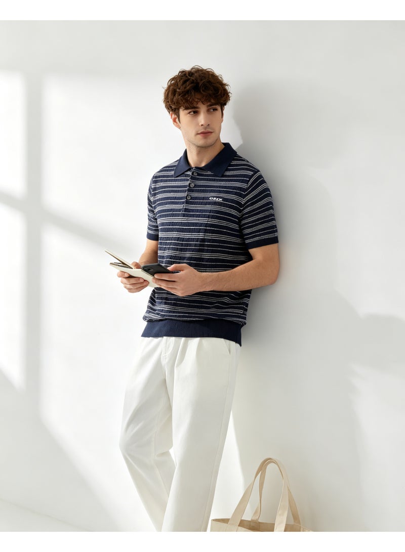 GEOX Unisex Short Sleeve Polo Shirt Classic Striped Regular Fit Casual Daily Wear Navy Blue For Men And Women - Image 4