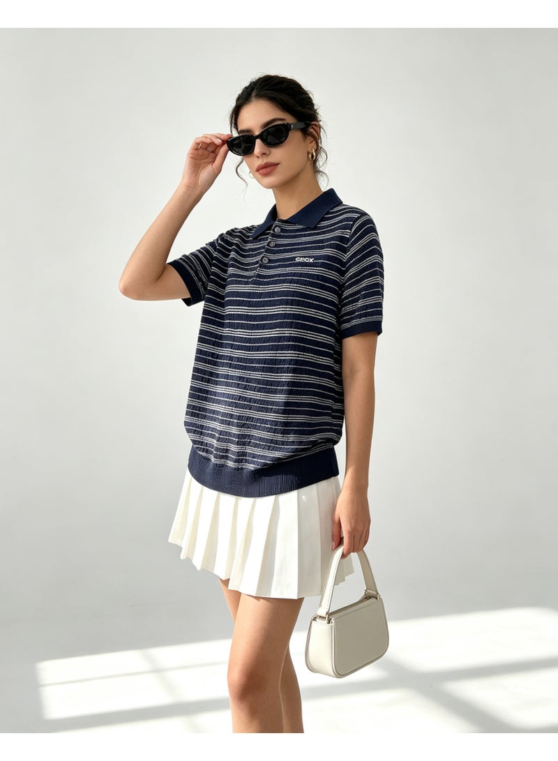 GEOX Unisex Short Sleeve Polo Shirt Classic Striped Regular Fit Casual Daily Wear Navy Blue For Men And Women - Image 5