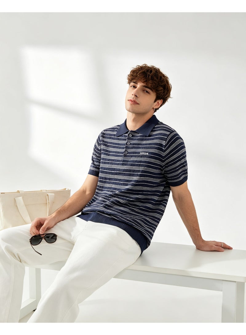 GEOX Unisex Short Sleeve Polo Shirt Classic Striped Regular Fit Casual Daily Wear Navy Blue For Men And Women - Image 1