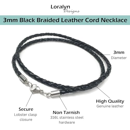 Loralyn Designs 24 Inch Men's Black Braided Leather Necklace Cord (3mm) Stainless Steel Lobster Clasp - Image 2