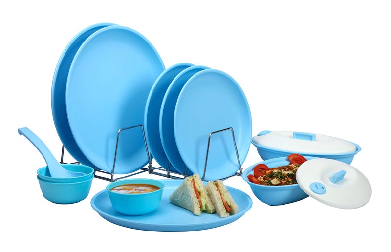 Varmora Plain Plastic Dinner Set -12 Pcs Matt Color (Sky Blue) - Image 1
