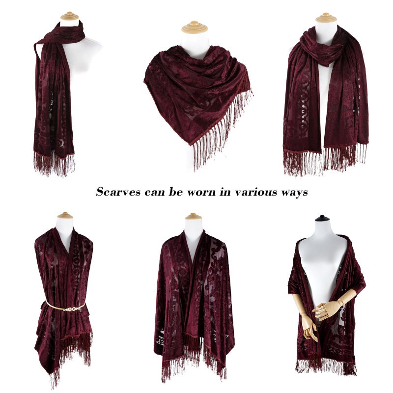E-Clover Red Women Velvet Scarfs Shawls and Wraps for Evening Dresses Wedding Burgundy Shawl Wraps Tassel Valentine - Image 3