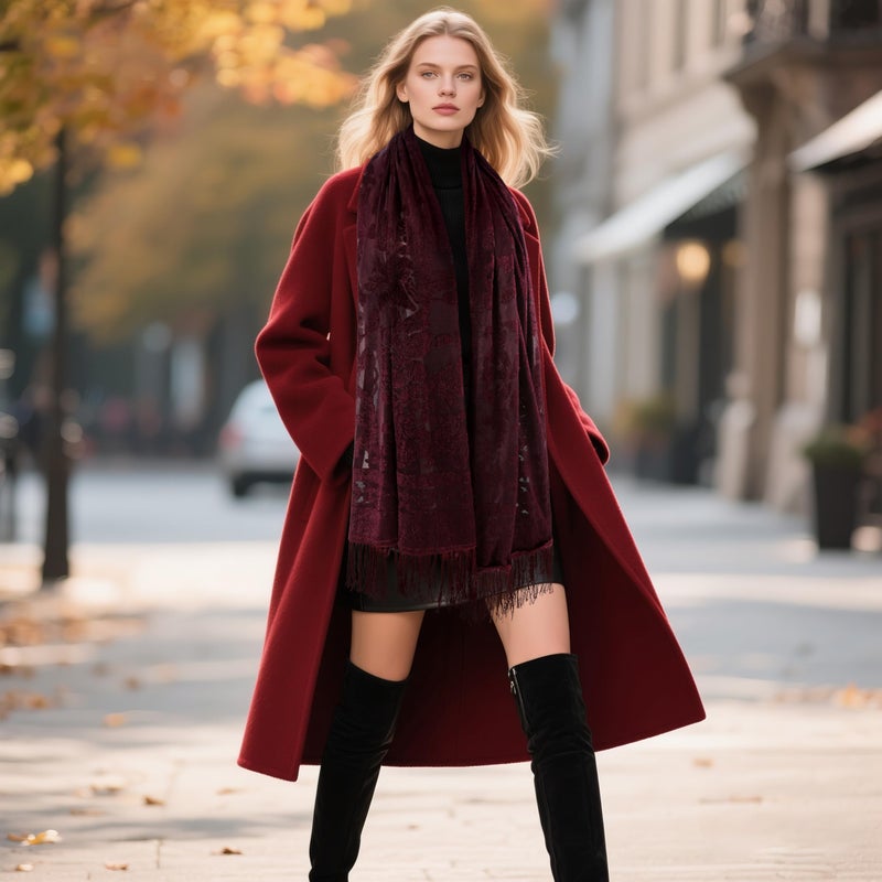 E-Clover Red Women Velvet Scarfs Shawls and Wraps for Evening Dresses Wedding Burgundy Shawl Wraps Tassel Valentine - Image 5