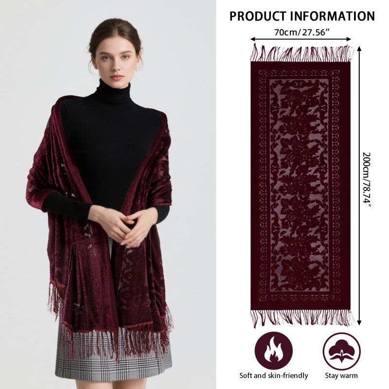 E-Clover Red Women Velvet Scarfs Shawls and Wraps for Evening Dresses Wedding Burgundy Shawl Wraps Tassel Valentine - Image 2