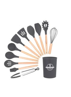 Shopping Point 12-Piece Cooking Utensils Set With Wooden Handles Metal Container, Cookware,Kitchen Utensils,Spatula,Silicone Utensils, Nonstick Cookware, Heat Resistance Black/Brown  - Image 1