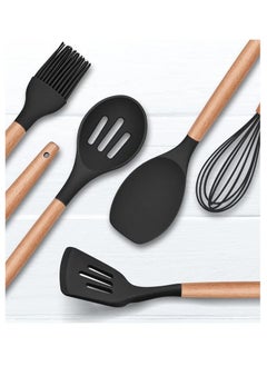 Shopping Point 12-Piece Cooking Utensils Set With Wooden Handles Metal Container, Cookware,Kitchen Utensils,Spatula,Silicone Utensils, Nonstick Cookware, Heat Resistance Black/Brown  - Image 2