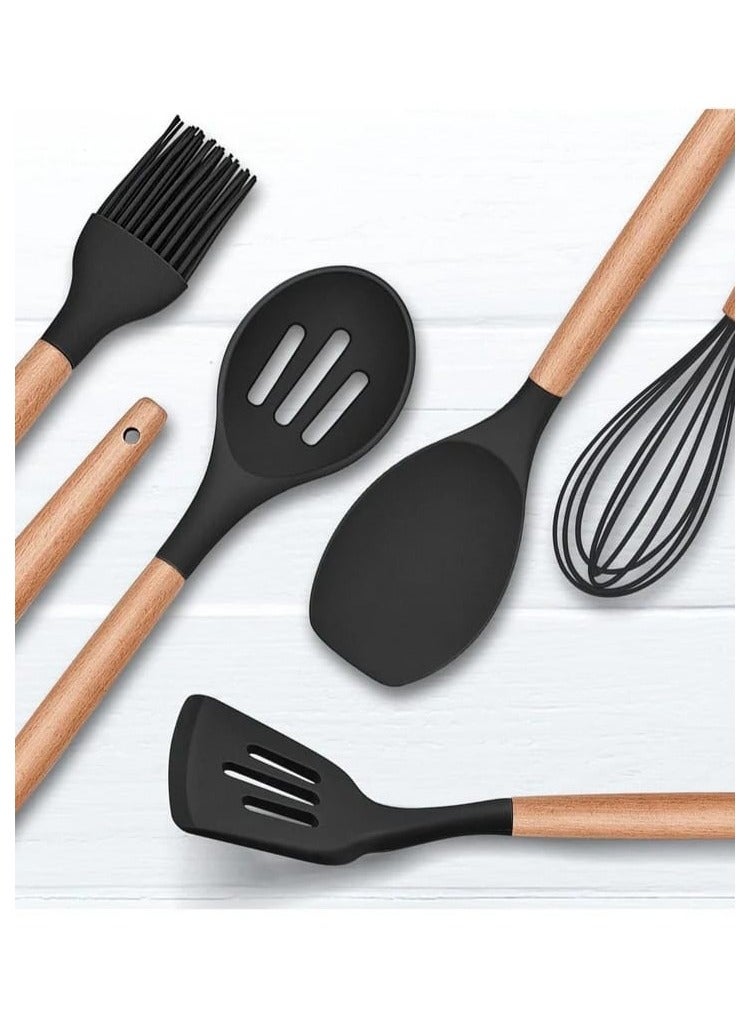 Shopping Point 12-Piece Cooking Utensils Set With Wooden Handles Metal Container, Cookware,Kitchen Utensils,Spatula,Silicone Utensils, Nonstick Cookware, Heat Resistance Black/Brown  - Image 2
