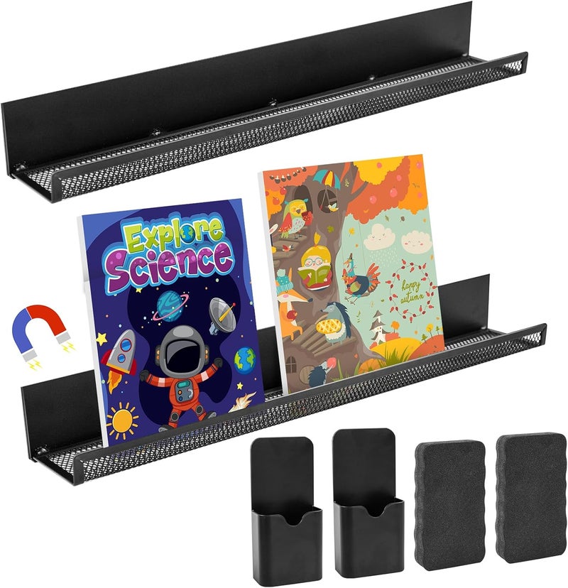 Mofuiry 2 Set Magnetic Book Shelf for Whiteboard Classroom, 17Inch Metal Floating Book Display Shelf with Marker Holder Eraser Heavy Duty Magnet Book Holder Refrigerator Organizer for Kid Room Office Teacher - Image 1