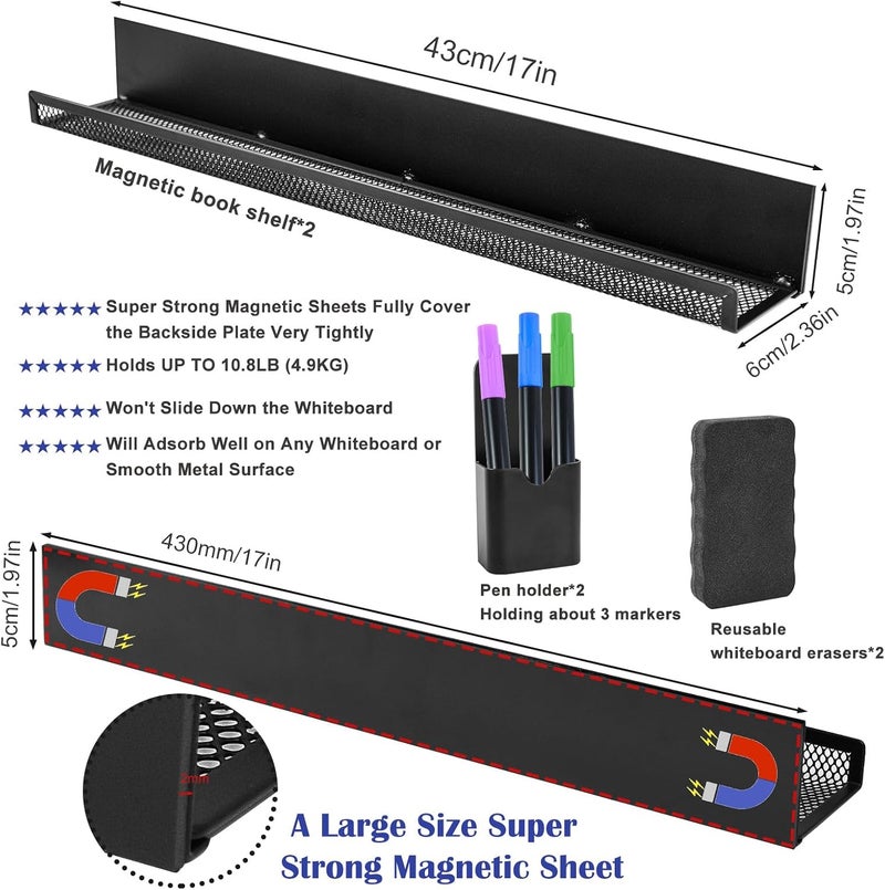Mofuiry 2 Set Magnetic Book Shelf for Whiteboard Classroom, 17Inch Metal Floating Book Display Shelf with Marker Holder Eraser Heavy Duty Magnet Book Holder Refrigerator Organizer for Kid Room Office Teacher - Image 3