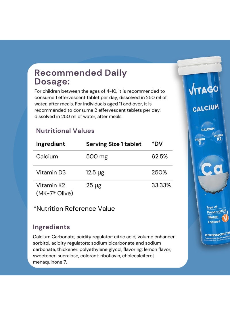 VITAGO - Calcium Effervescent Tablet, Vitamin D3, K2 - 20 Tablets - Image 1