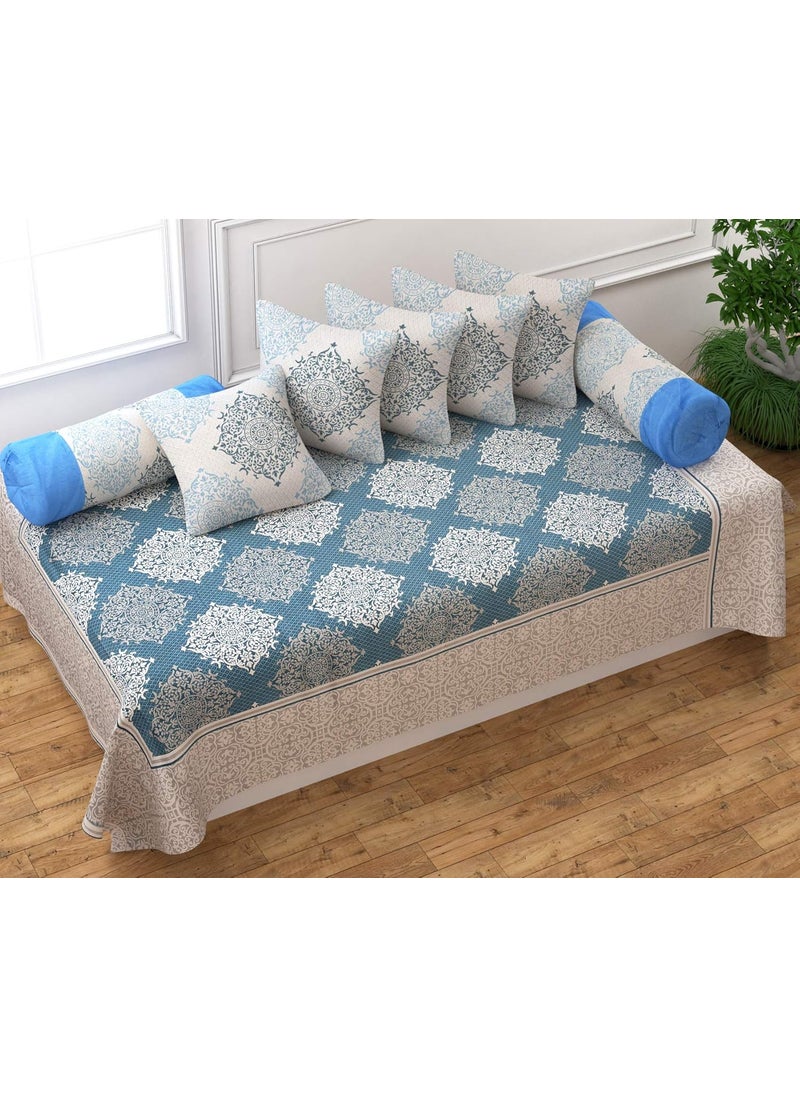 F2L F2L Cotton Reversible Diwan Set Blue 1 Single Bedsheet with 2 Bolster Covers and 5 Cushion Covers 8pc Set  - Image 3