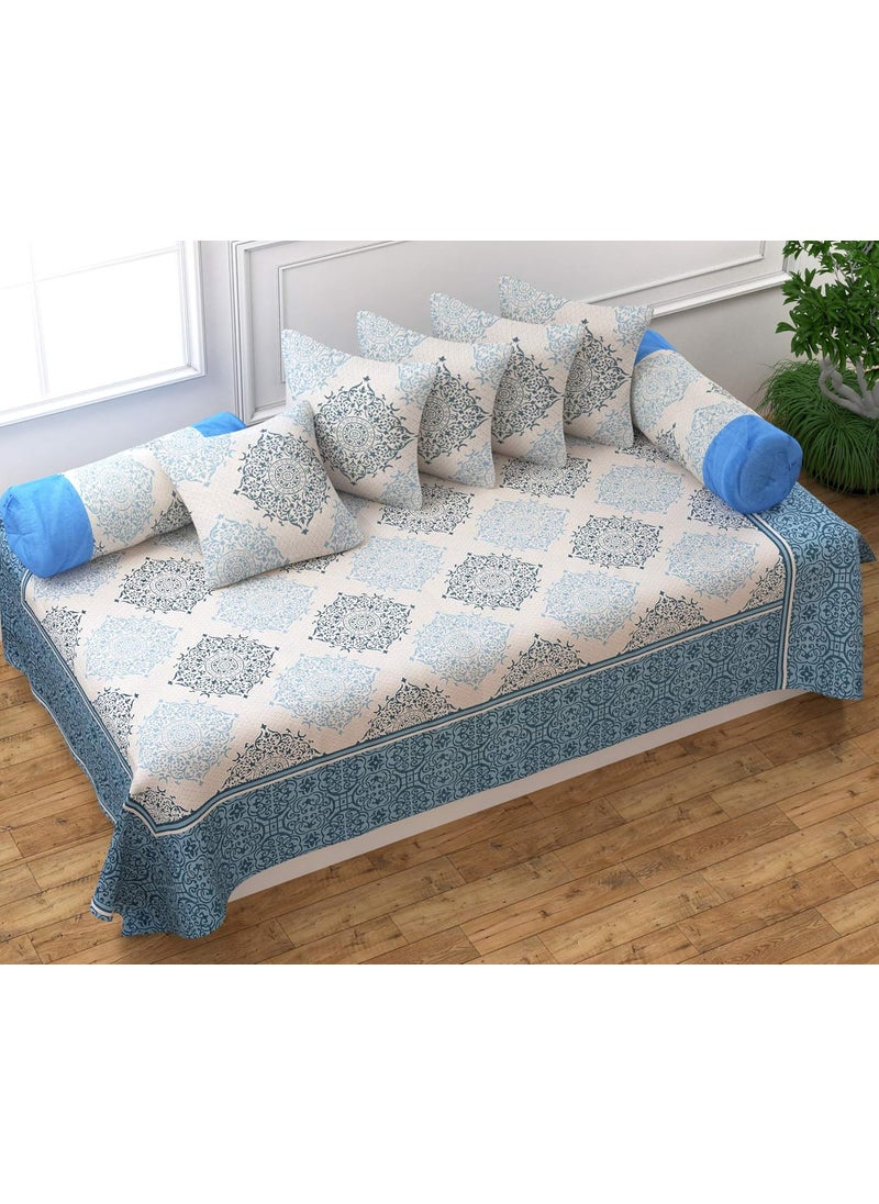 F2L F2L Cotton Reversible Diwan Set Blue 1 Single Bedsheet with 2 Bolster Covers and 5 Cushion Covers 8pc Set  - Image 2
