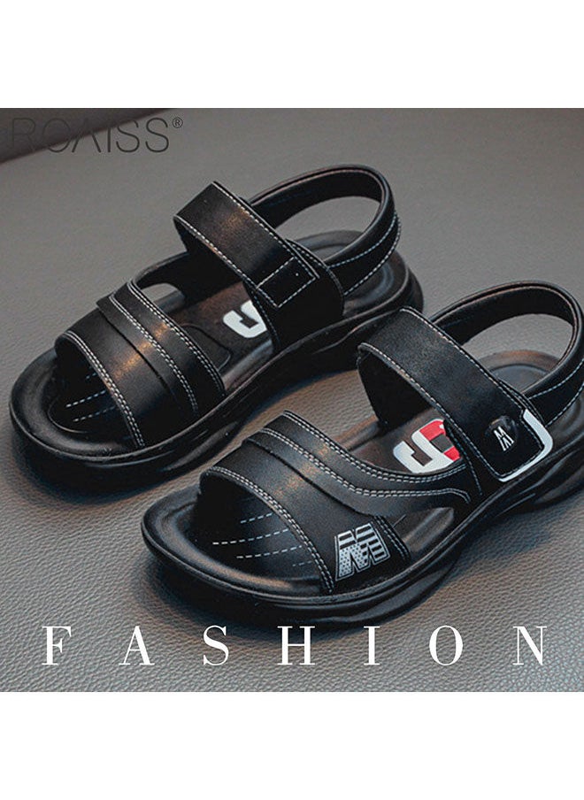 roaiss Boys' Leather Open Toe Sandals Non Slip Soft Sole Velcro Beach Shoes Durable Summer Student Leather Sandals  - Image 2