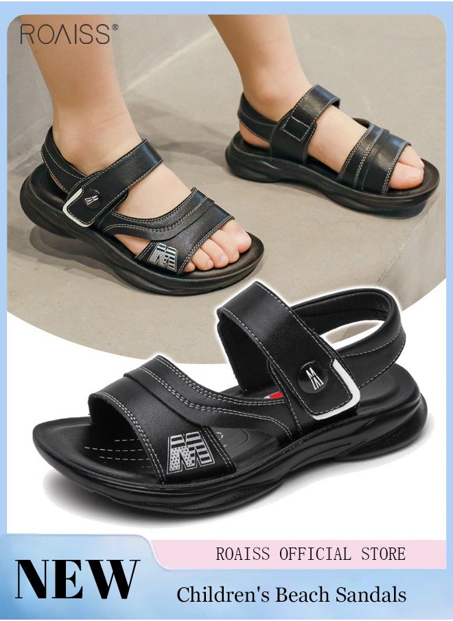roaiss Boys' Leather Open Toe Sandals Non Slip Soft Sole Velcro Beach Shoes Durable Summer Student Leather Sandals  - Image 1