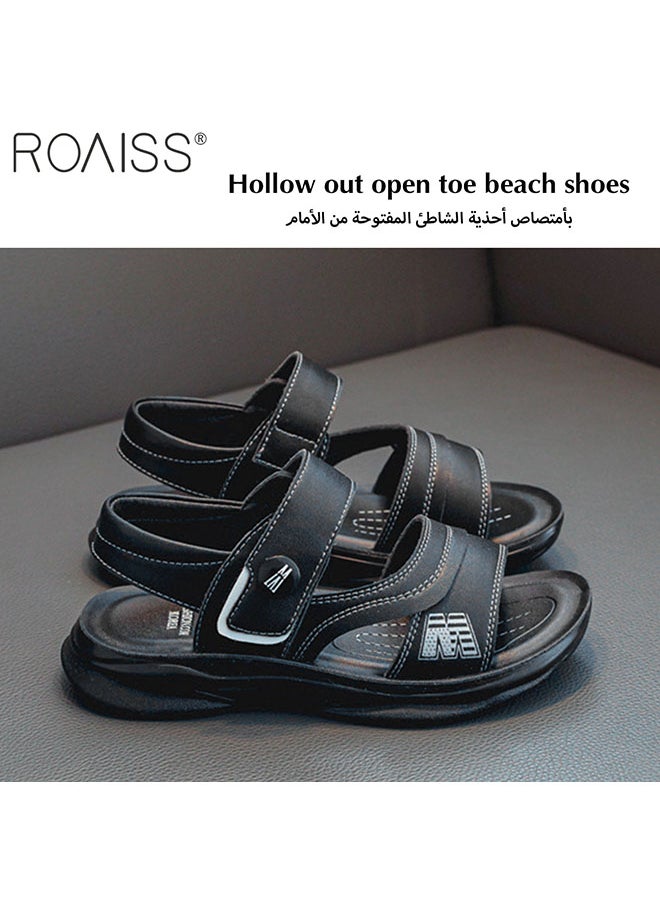 roaiss Boys' Leather Open Toe Sandals Non Slip Soft Sole Velcro Beach Shoes Durable Summer Student Leather Sandals  - Image 3