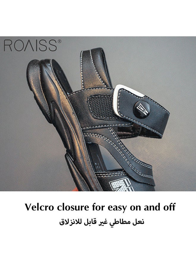 roaiss Boys' Leather Open Toe Sandals Non Slip Soft Sole Velcro Beach Shoes Durable Summer Student Leather Sandals  - Image 5