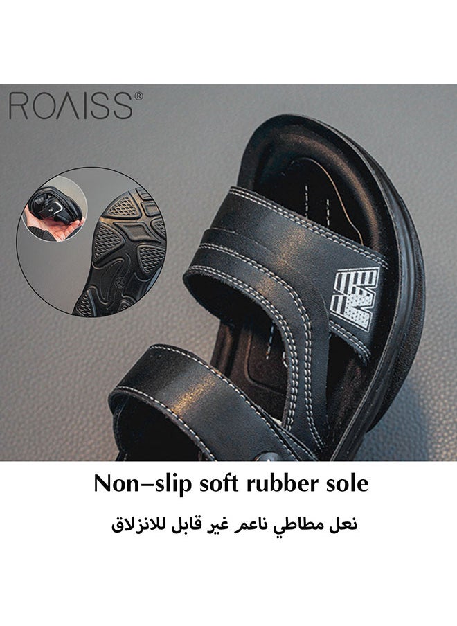 roaiss Boys' Leather Open Toe Sandals Non Slip Soft Sole Velcro Beach Shoes Durable Summer Student Leather Sandals  - Image 4