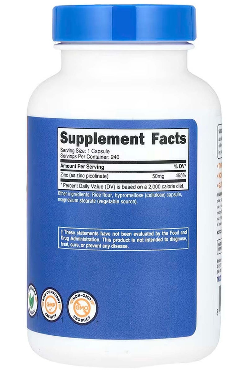 Nutricost Zinc Picolinate 50 mg – Easy-Absorption Dietary Supplement for Immune and Enzyme Function Support – 240 Capsules - Image 2