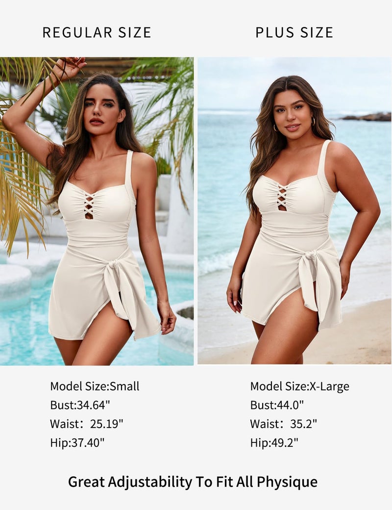 Zilcremo Swim Dress for Women Tummy Control One Piece Swimsuit Wrap Swimdress Square Neck Skirted Bathing Suit Swimwear Beige M - Image 5