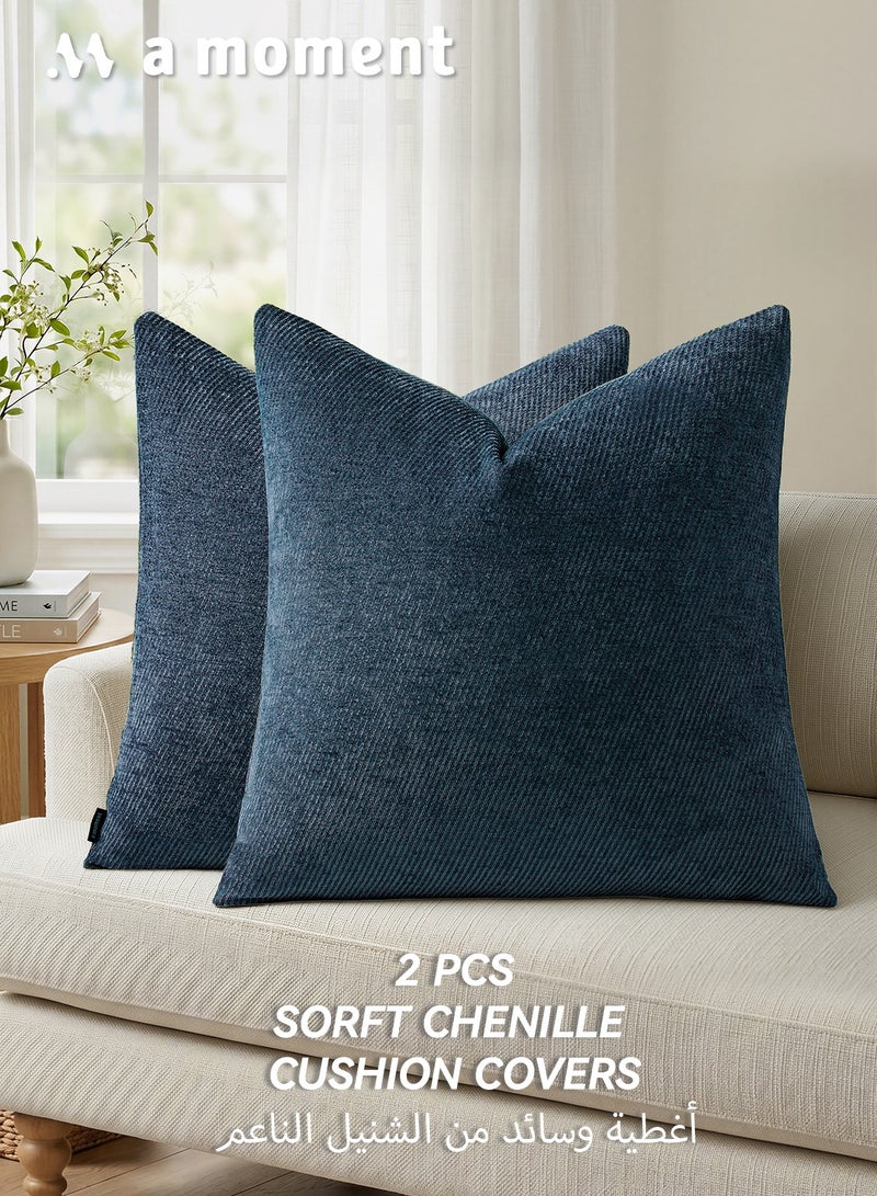 a moment Pack of 2 Decorative Chenille Throw Pillow Covers with Twill Cushion Covers for Sofa Living Room Couch Bed 45x45 CM (18x18 Inch)  Blue - Image 1