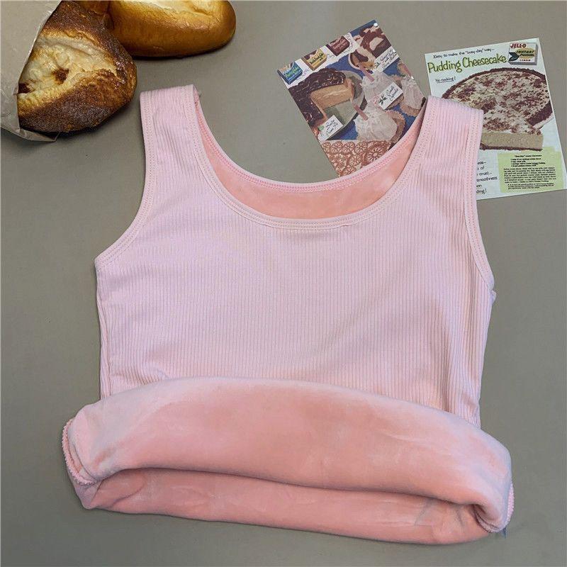 Thermal vest womens fleece-lined thickened autumn clothes womens 2023 new inner wear autumn and winter tight bottoming top Aser Pink [fleece-lined thick]]