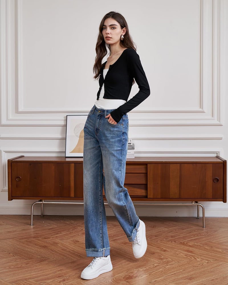 UPNET Womens High Waisted Jeans Stretchy Straight Leg Loose Fit Tummy Control Raw Hem Denim Pants Trendy 2025 Fashion (US, Numeric, 8, Regular, Regular, Blue) - Image 5