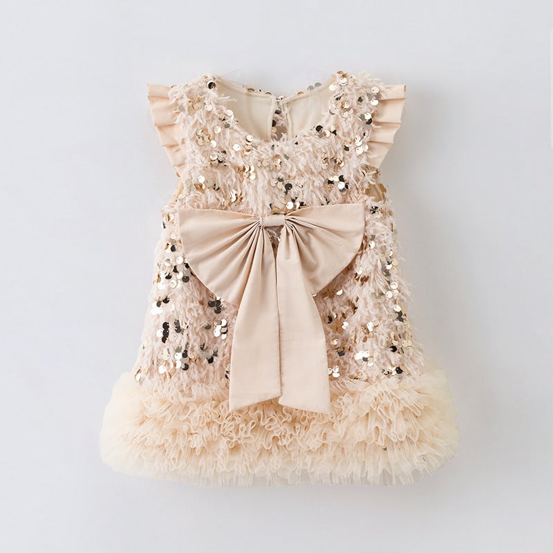 Girls woolen sequined bow vest dress autumn and winter New Korean style baby girl fleece-lined-year-old dress Princess dress L 392m color autumn and winter (fleece-lined)