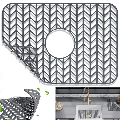 AWOKE Sink Protectors for Kitchen Sink | 16.2"x 12.5" Kitchen Sink Mats for Bottom of Kitchen Sink | Sink Inserts for Kitchen Sink of Stainless Steel Sink | Center Drain (Grey) - Image 1