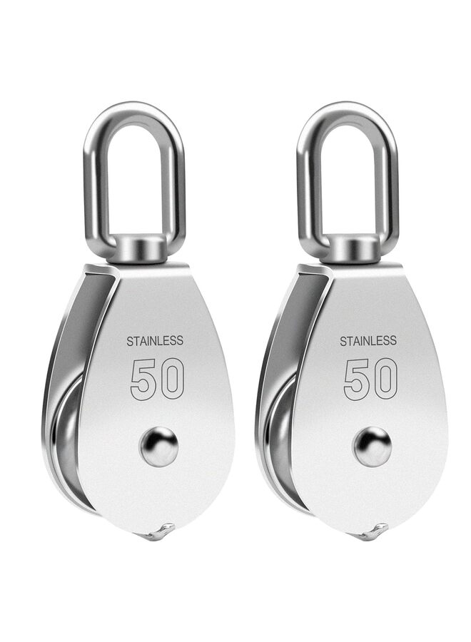 2 PCS M50 Single Pulley Block,Heavy Duty 304 Stainless Steel Pulley Roller Crane Swivel Hook, Wheel Swivel Rigging Lifting Wheel Fixed Pulley for Wire Rope Loading 400kg - Image 1