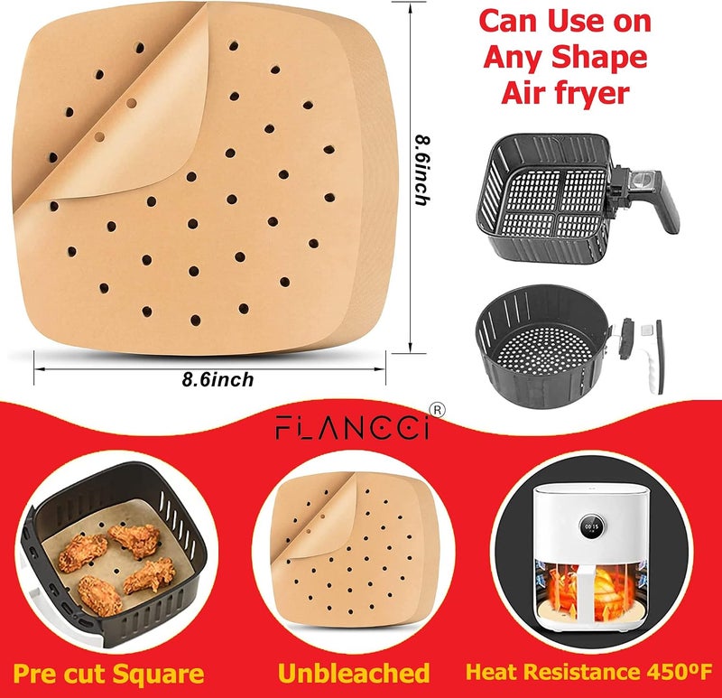 FLANCCI Air Fryer Liners Square Parchment Paper, Set of 100, 8.5 inches square, Air fryer accessories disposable paper liner, Oven liners for bottom of oven, Airfryer parchment paper sheets for baking - Image 5