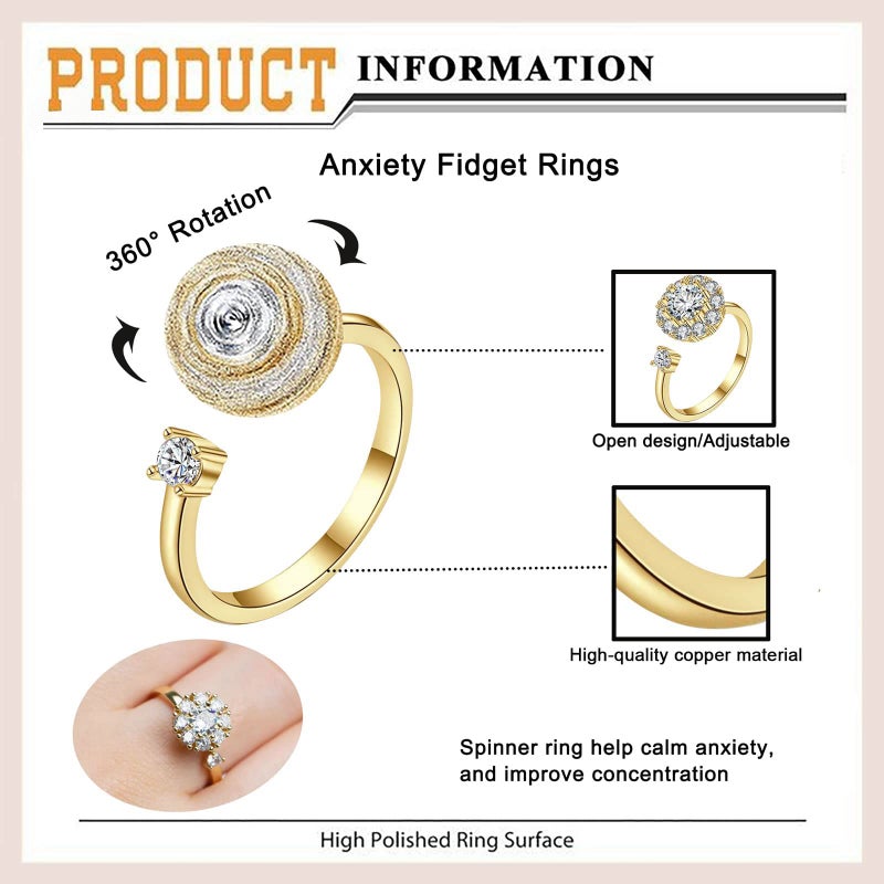 Honsny 6Pcs 14K Gold Plated Anxiety Rings for Women, Adjustable Spinner Anxiety Ring, CZ Butterfly Bee Moon Star Fidget Rings for Anxiety Stress Relief for Women - Image 5