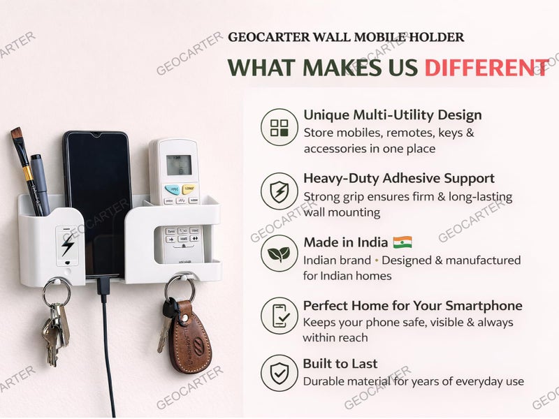 GEOCARTER Wall Mobile Holder | Multi-Purpose Mobile Stand | Remote Holder & Mobile Charging Stand, Phone Stand for Charging with Pen and Key Holder Useful Gadget-White - Image 3