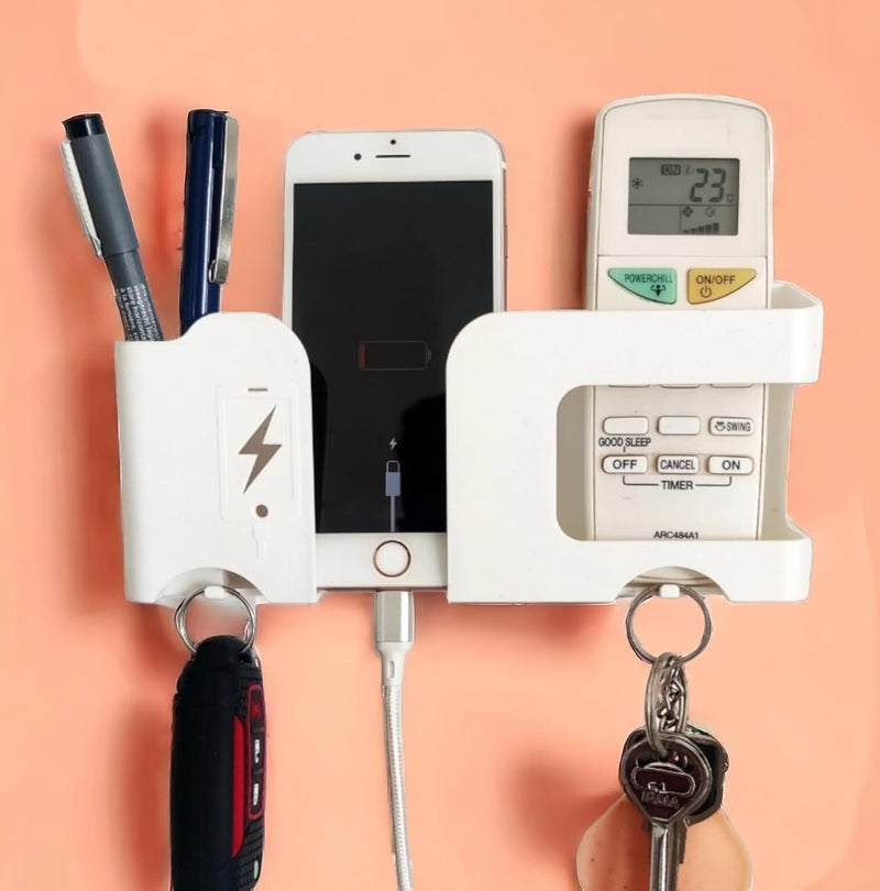 GEOCARTER Wall Mobile Holder | Multi-Purpose Mobile Stand | Remote Holder & Mobile Charging Stand, Phone Stand for Charging with Pen and Key Holder Useful Gadget-White - Image 1