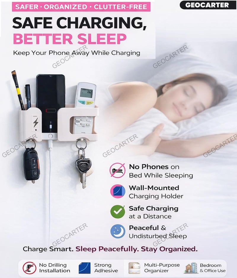 GEOCARTER Wall Mobile Holder | Multi-Purpose Mobile Stand | Remote Holder & Mobile Charging Stand, Phone Stand for Charging with Pen and Key Holder Useful Gadget-White - Image 4