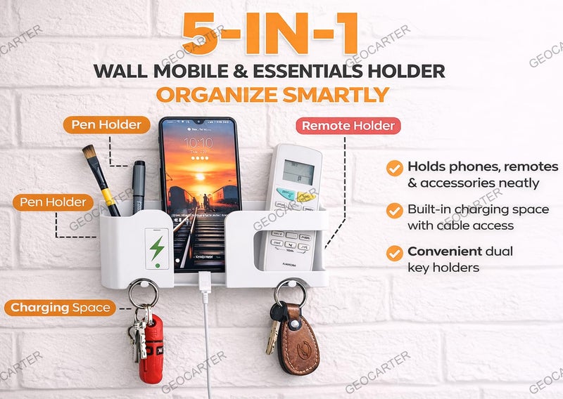 GEOCARTER Wall Mobile Holder | Multi-Purpose Mobile Stand | Remote Holder & Mobile Charging Stand, Phone Stand for Charging with Pen and Key Holder Useful Gadget-White - Image 2