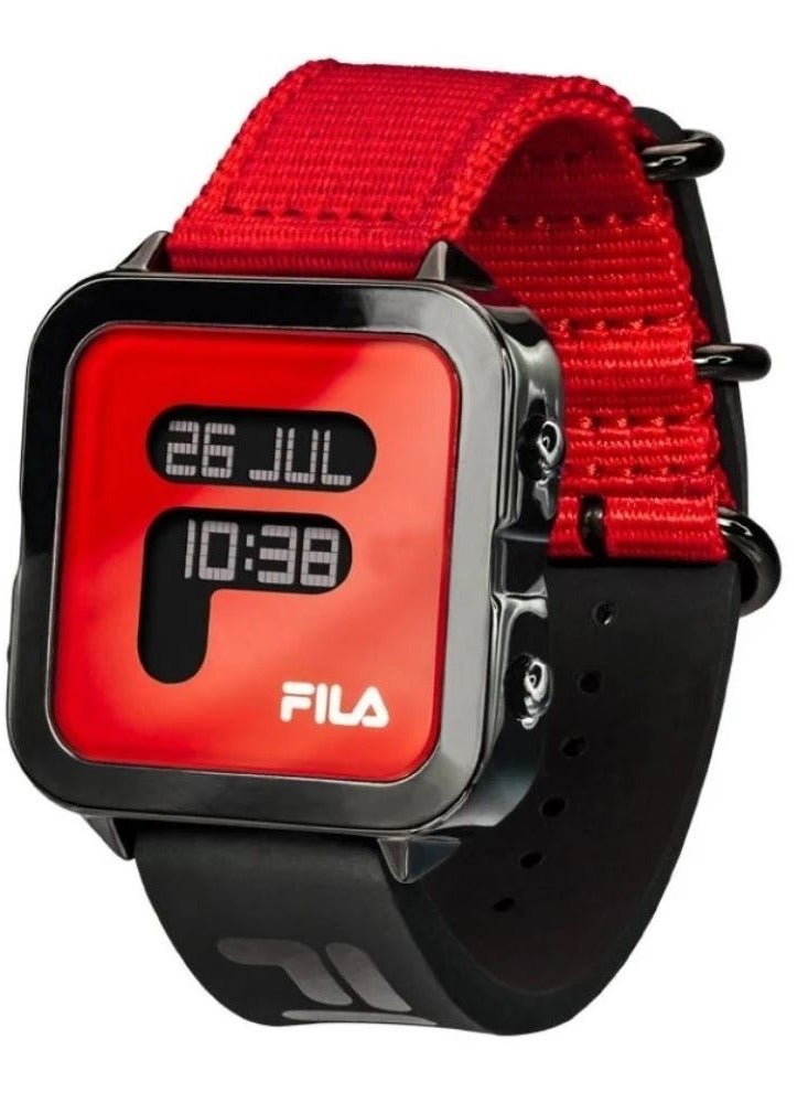 Fila Style Unisex Digital with World Time of 25 Cities Watch Alloy Case Red Nylon & Black Silicone Strap, 38-6088-103, size 38mm - Image 2