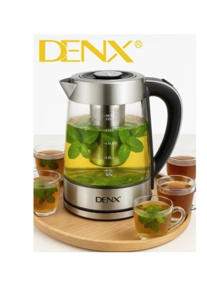 Denx Dx3408 High Borosilicate Glass Electric Kettle, 1.8L Capacity, 1500W Power, With High-Density Mesh Filter And Dry-Boil Protection