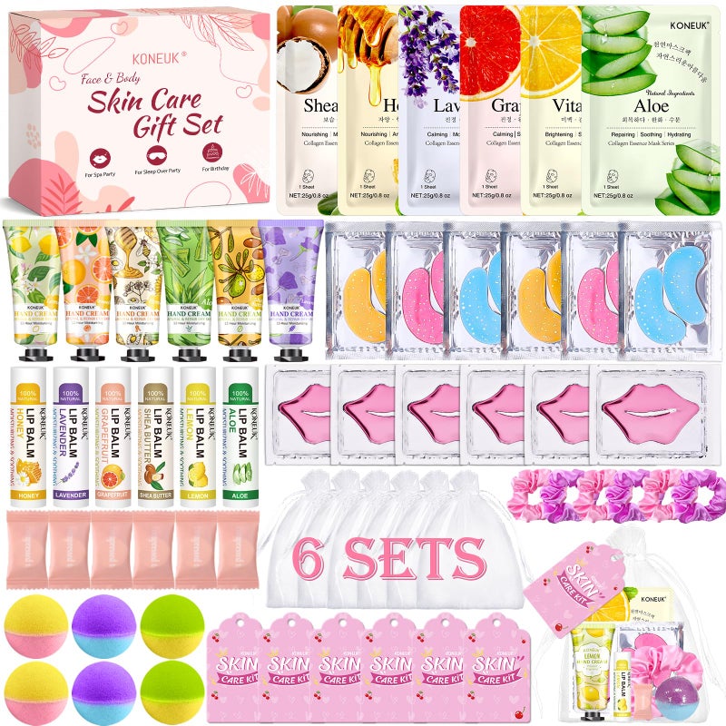 KONEUK 60PCS Spa Party Supplies for Girls, Include Face Masks, Hand Cream, Lip Balm, Foot Bath Bombs, Lip Mask, Under Eye Patches, Compressed Towels, Spa Birthday and Sleepover Party Supplies for Girls Women - Image 1