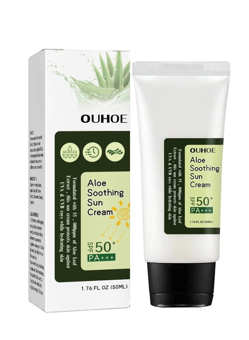 OUHOE 50ml Aloe Soothing Sun Cream Moisturizing Skin Protect Aloe Facial Soothing Sun Cream Refreshing UV Protect SPF 50 Natural Sunscreen Anti Sunblock SPF 50 UV Protection Sunscreen Gel - Image 1