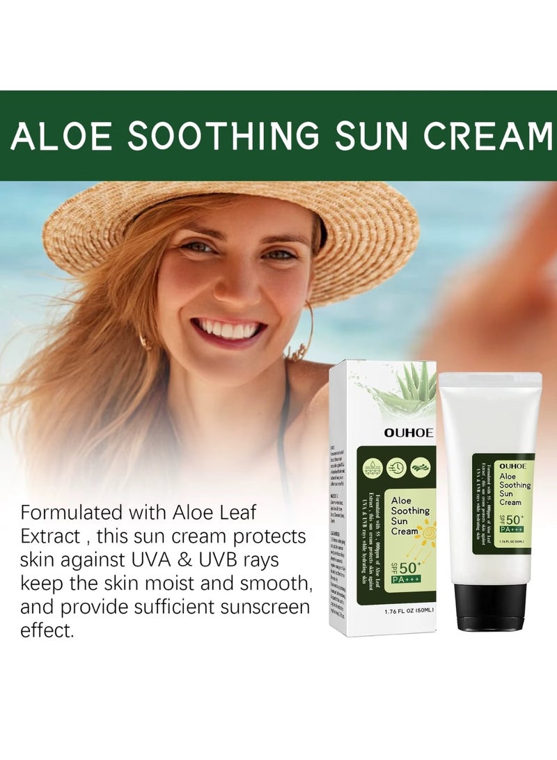 OUHOE 50ml Aloe Soothing Sun Cream Moisturizing Skin Protect Aloe Facial Soothing Sun Cream Refreshing UV Protect SPF 50 Natural Sunscreen Anti Sunblock SPF 50 UV Protection Sunscreen Gel - Image 3