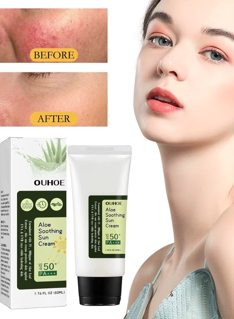 OUHOE 50ml Aloe Soothing Sun Cream Moisturizing Skin Protect Aloe Facial Soothing Sun Cream Refreshing UV Protect SPF 50 Natural Sunscreen Anti Sunblock SPF 50 UV Protection Sunscreen Gel - Image 4