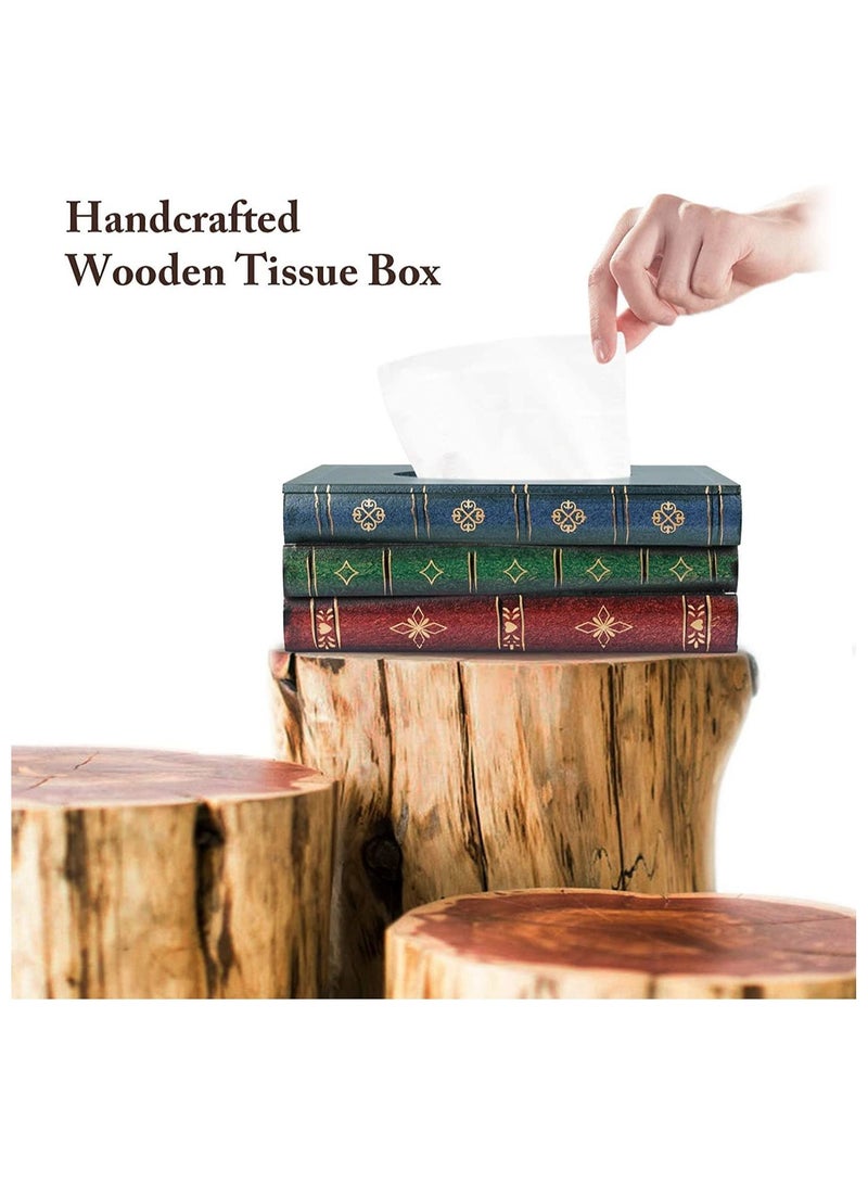 Y&D Crafted Classical Retro Wooden Antique Book Tissue Box Cover Rectangular Holder Dispenser Paper Case Napkin Home Decor for Bathroom Living Room Office car Kitchen (Dark Green)  - Image 2
