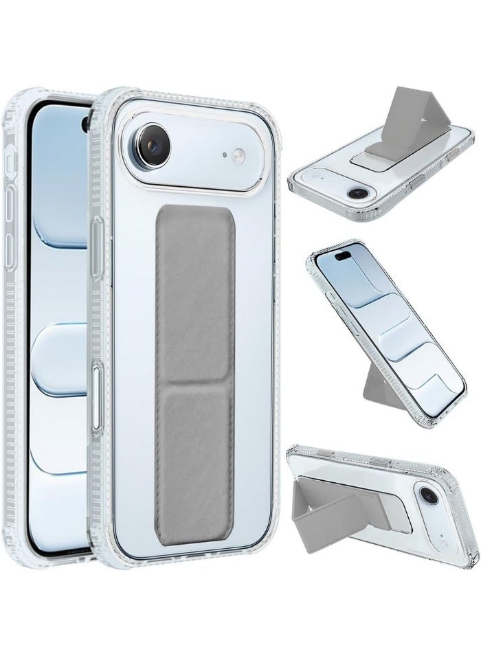 Protective back cover with finger holder stand, compatible with iPhone Air, clear/gray